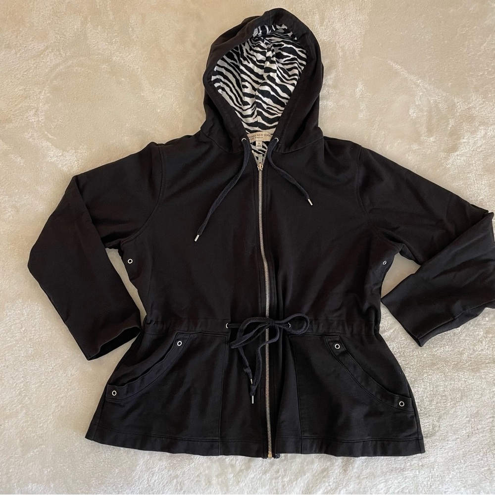 Jones New York Black Gathered Waist Zebra Lined Hoodie Women’s Size 1X